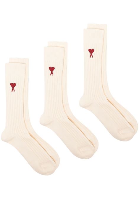 White intarsia-knit logo socks - AMI - unisex AMI PARIS | USC003379150